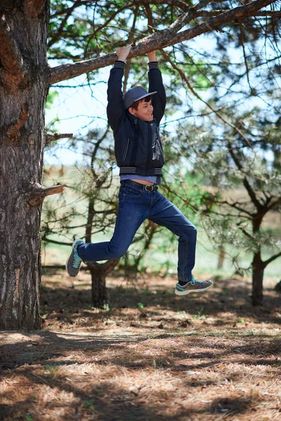 Teenage Αγόρι Παίζει Εξωτερική Αναρρίχηση Ένα Δέντρο Φωτεινό Φως Του — Φωτογραφία Αρχείου