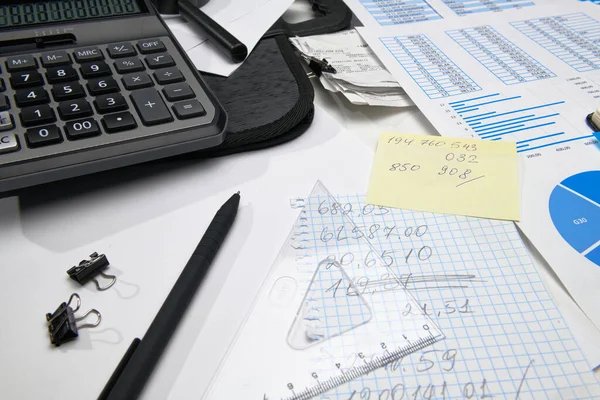 Business Office Desk Closeup Relatórios Financeiros Análise Contabilidade Conjunto Documentos — Fotografia de Stock