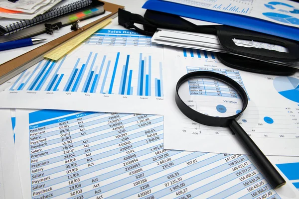 Business Office Desk Closeup Financial Reports Analysis Accounting Set Documents — Stock Photo, Image
