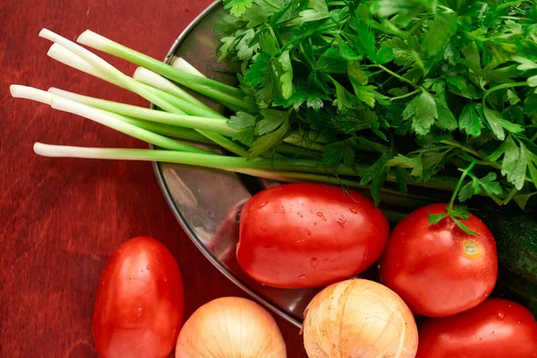 Comida Sana Hortalizas Frescas Verdura Sobre Fondo Madera Verdura Cebolla — Foto de Stock