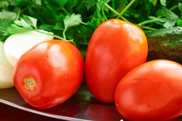 Comida Sana Hortalizas Frescas Sobre Fondo Madera Los Tomates Verdura —  Fotos de Stock