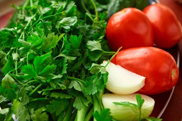 Comida Sana Hortalizas Frescas Sobre Fondo Madera Los Tomates Verdura — Foto de Stock