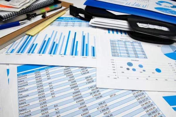 Business Office Desk Closeup Financial Reports Analysis Accounting Set Documents — Stock Photo, Image