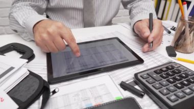 İş analizi ve muhasebe konsepti. Belge, hesap çizelgesi, hesap makinesi ve tablet bilgisayar kullanarak çalışan bir işadamı. Ofis masası kapanıyor.. 