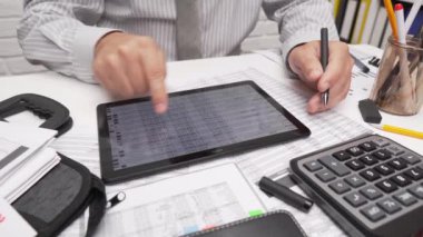 İş analizi ve muhasebe konsepti. Belge, hesap çizelgesi, hesap makinesi ve tablet bilgisayar kullanarak çalışan bir işadamı. Ofis masası kapanıyor.. 