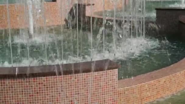 Primer Plano Fuente Ciudad Día Verano Brillante Chorros Agua — Vídeo de stock