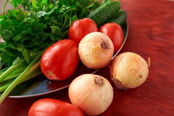 Comida Sana Hortalizas Frescas Verdura Sobre Fondo Madera Verdura Cebolla — Foto de Stock