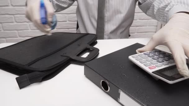 Concept Cleaning Disinfecting Office Desk Businessman Cleans Workplace Computer Keyboard — Stock Video