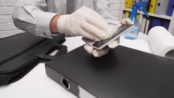 Concept Cleaning Disinfecting Office Desk Businessman Cleans Workplace Computer Keyboard — Stock Video