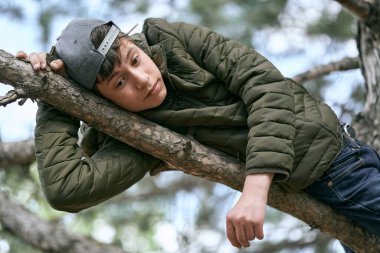 Genç çocuk ağaçta poz veriyor, büyük bir dalda yatıyor ve hayal kuruyor.