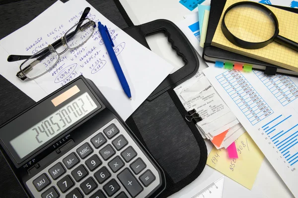 Business Office Desk Closeup Relatórios Financeiros Análise Contabilidade Conjunto Documentos — Fotografia de Stock