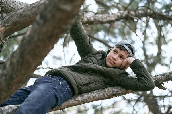 Adolescente Posa Uma Árvore Deitado Grande Galho Sonhando — Fotografia de Stock