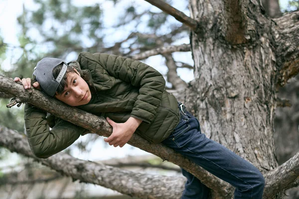 Έφηβο Αγόρι Ποζάρει Ένα Δέντρο Ξαπλωμένο Ένα Μεγάλο Κλαδί Και — Φωτογραφία Αρχείου