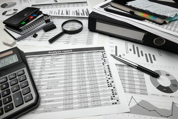 Business Office Desk Closeup Informes Financieros Análisis Contabilidad Conjunto Documentos — Foto de Stock