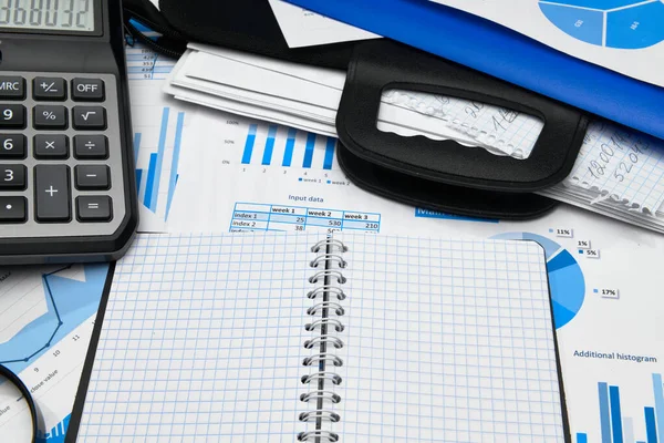 Business Office Desk Closeup Informes Financieros Análisis Contabilidad Conjunto Documentos — Foto de Stock