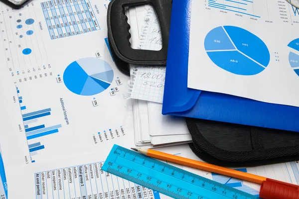 Business Office Desk Closeup Financial Reports Analysis Accounting Set Documents — Stock Photo, Image