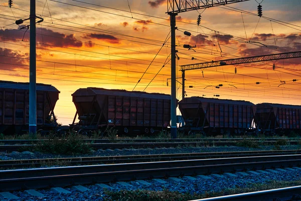 Railway Rail Cars Beautiful Sunset Dramatic Sky Sunlight — Stock Photo, Image