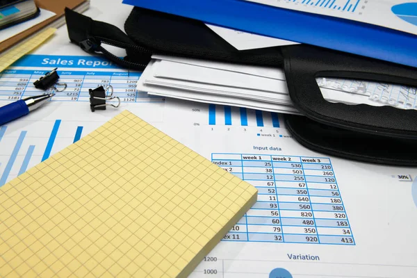 Business Office Desk Closeup Relatórios Financeiros Análise Contabilidade Conjunto Documentos — Fotografia de Stock