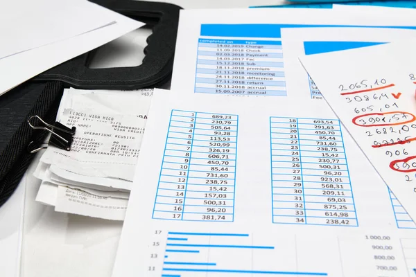 Business Office Desk Closeup Relatórios Financeiros Análise Contabilidade Conjunto Documentos — Fotografia de Stock