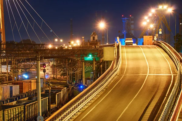 View Industrial Port Evening Railway Wagons Deliver Goods Ships Transportation — Stock Photo, Image