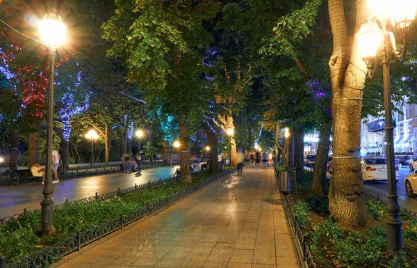 乌克兰敖德萨市普里莫尔斯基大道的夜景 美丽的城市公园和街道照明 步行的人 — 图库照片