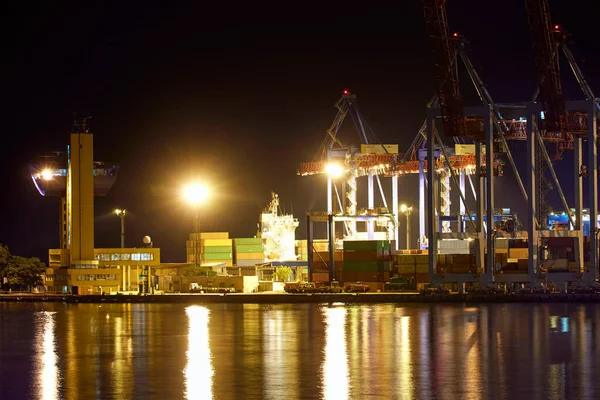 Pohled Průmyslový Přístav Noci Lodě Čekající Nakládku Vykládku Nákladní Doprava — Stock fotografie