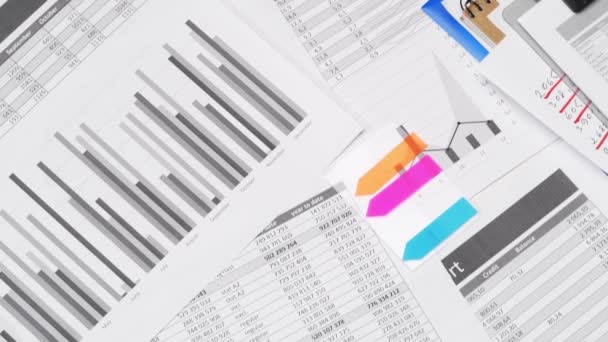 Business Office Workplace Desk Closeup Financial Spreadshets Reports Data Analysis — Stock Video