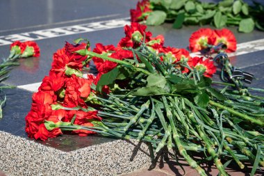 Ölen askerlerin anısına çiçekler, siyah mermer üzerine kırmızı karanfiller, Rus metni - bilinmeyen askerin anıtı