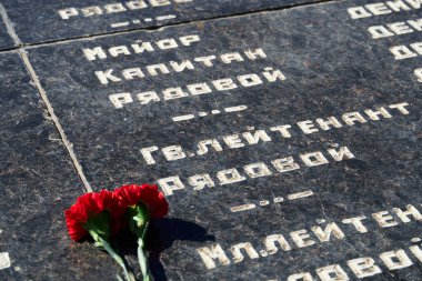 Ölen askerlerin anısına çiçekler, siyah mermer üzerine kırmızı karanfiller, Rus askeri rütbe metni - çavuş, binbaşı, albay, yarbay, er, onbaşı
