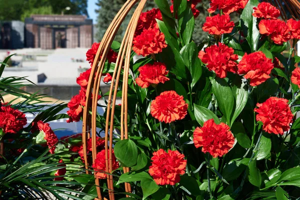 Цветы Мемориале Павшим Солдатам Красные Гвоздики Черном Мраморе — стоковое фото