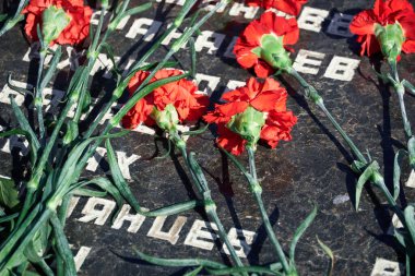 Tiraspol, Transnistria - 2 Eylül 2020: Bağımsızlığın 30. yıldönümü, şehit askerlerin anısına çiçekler, farklı isimlere sahip Rusça metin