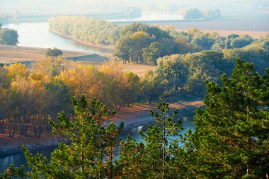 Parlak renkli sonbahar ormanı manzarası, nehir yakınındaki ağaçlar ve mavi gökyüzü, yüksek tepenin manzarası.