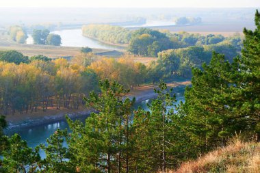 Parlak renkli sonbahar ormanı manzarası, nehir yakınındaki ağaçlar ve mavi gökyüzü, yüksek tepenin manzarası.