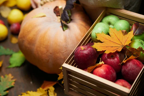 Autumn Still Life Rustic Style Background Leaves Vegetables Fruits Nuts — Stock Photo, Image