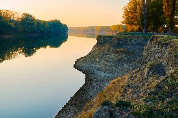 Flock Fåglar Flyger Över Floden Färgglada Höst Skog Landskap Vid — Stockfoto