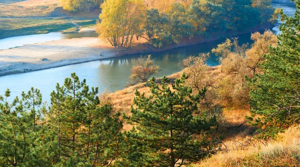 Яркий Красочный Осенний Лесной Пейзаж Деревья Возле Реки Голубое Небо — стоковое фото