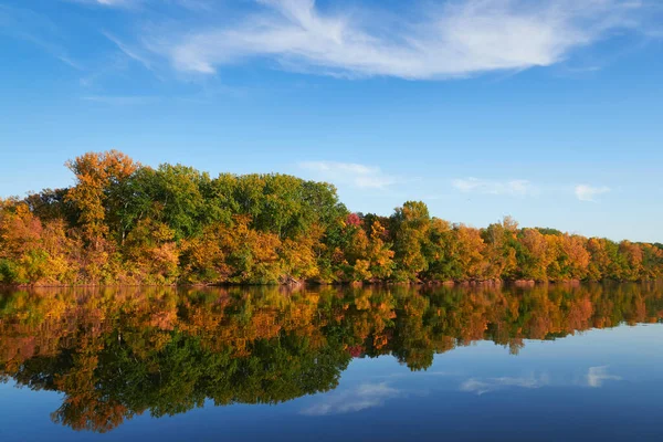 Ljusa Färgglada Höst Skog Landskap Träd Nära Floden Och Blå — Stockfoto