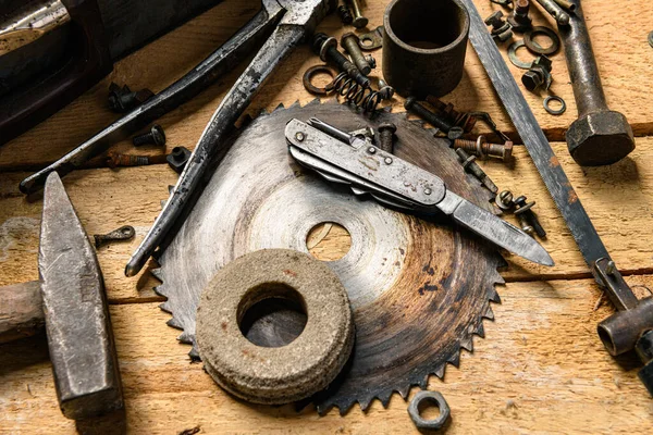 Variety Old Vintage Household Hand Tools Still Life Wooden Background — Stock Photo, Image