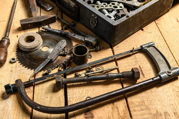 Variety Old Vintage Household Hand Tools Still Life Wooden Background — Stock Photo, Image