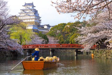 Çinli turist tam kiraz ağacı çiçeği, Unesco Dünya Mirası, Japonya, Himeji castle yakınındaki Nehri üzerinde tekne Grup