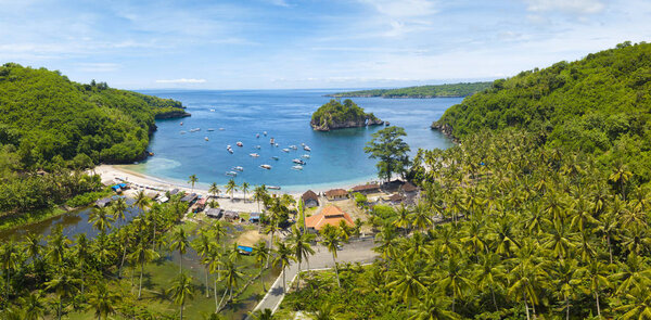 Aerial view of the Crsytal bay coastline and beach, Nusa Penida island, Indonesia