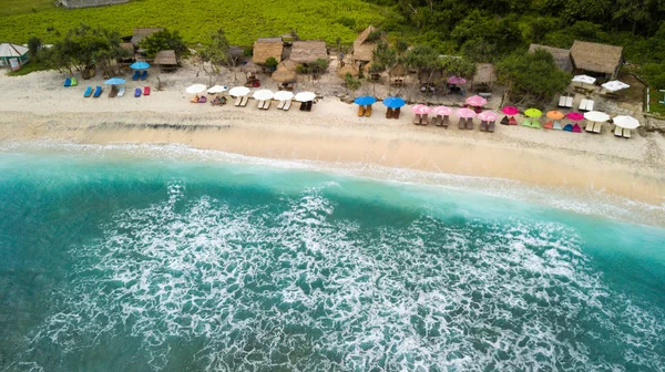 Aerial Shot Atuh Beach Bay Sunshade Wooden Bars Nusa Penida — Stock Photo, Image