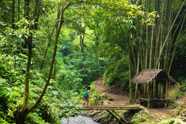 ムンドゥッ ジャングル インドネシア バリ島で赤サンゴの滝の近くの竹の橋の上を歩いて観光客女性 — ストック写真