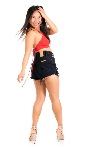 Provocative Sexy Young Woman Skimpy Shorts Standing Showing Her Cute — Stock Photo, Image