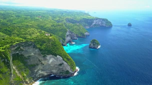 Vista Aérea Bela Praia Kelingking Litoral Ilha Nusa Penida Bali — Vídeo de Stock