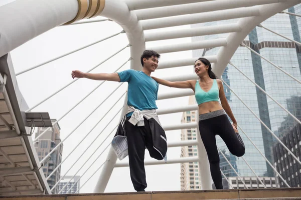 Portrait Athlete Asian Boyfriend Girlfriend Couple Stretch Legs Jogging Exercise — Stock Photo, Image