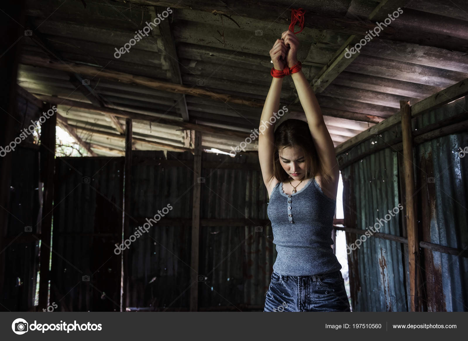 1600px x 1168px - Depress Beautiful Asian Girl Tied Hands Red Rope Dirty Roof Stock Photo by  Â©blanscape 197510560