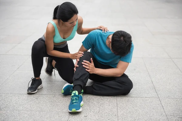 Asian Athlete Sport Male Runner Hurt Hold His Painful Sprained — Stock Photo, Image