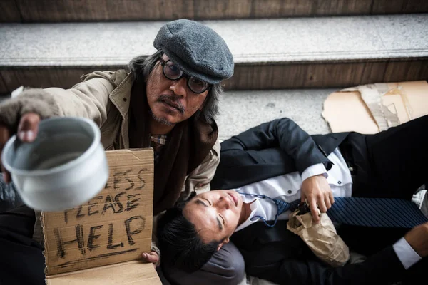 Retrato Viejo Mendigo Anciano Sin Hogar Criando Cuenco Donado Para — Foto de Stock