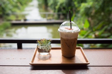 Plastik kap ve gölet ve yaz ağaçlarının doğal yeşil manzaralı ahşap plaka üzerinde küçük bitki buzlu kahve. Metin kopyalama yeri olan taze içki.